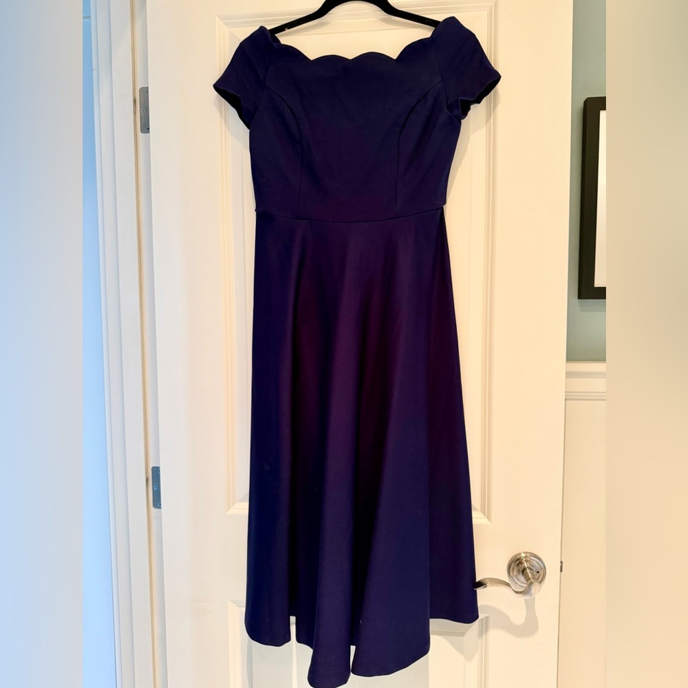 Modcloth Navy Blue Off-Shoulder Scalloped Dress Size Medium - Picture 4 of 9